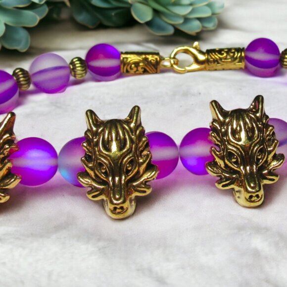 NEW Cerberus Triple Wolf Bracelet With Purple Beads. Handmade Greek myth jewelry - Picture 3 of 6